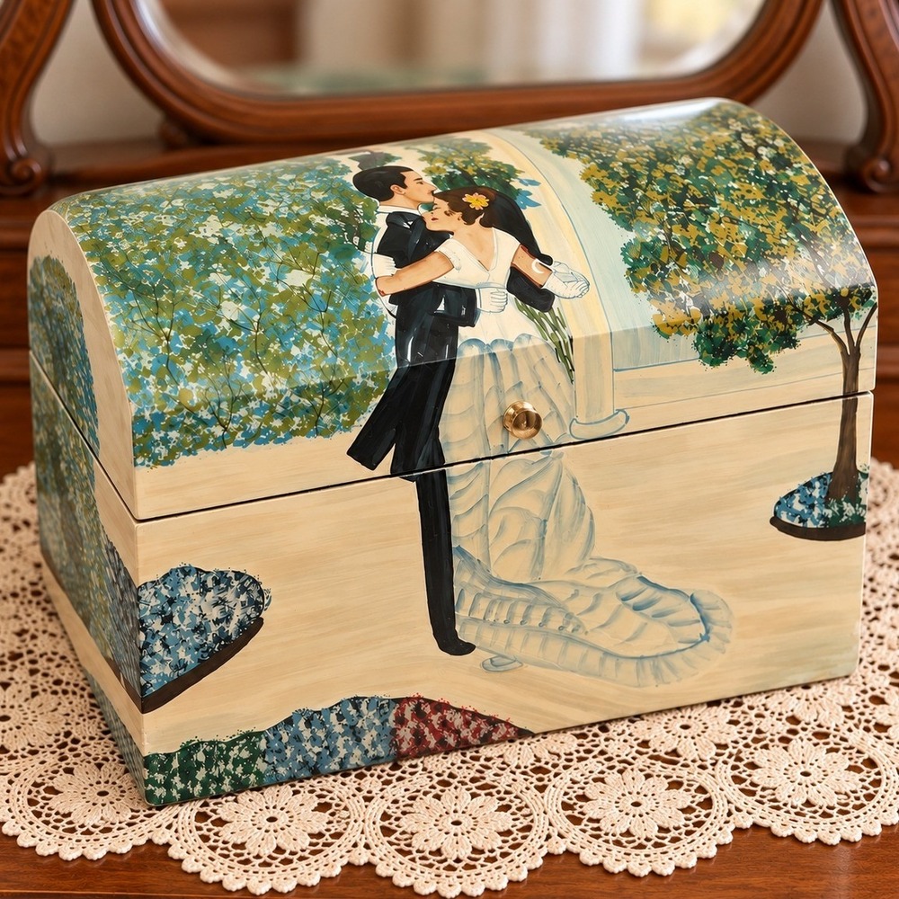 Vintage Hand Painted Laquer Wood Keepsake Vanity Trunk Box Dancing Couple Velvet